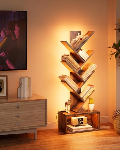 Image of Evermagin 6 Tier Tree Bookshelf with Lights, LED Book Tree Bookcase with Storage Organizer, Small Corner Bookshelf Floor Standing Book Shelf for Living Room, Bedroom & Home Office, Rustic Brown