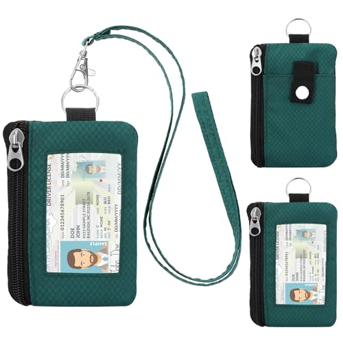 Image of Minimalist RFID Wallet with Lanyard, Multi-Functional ID Case with 2 Zipper Pockets and Key Chain for Men and Women, Tactical Badge Pouch Cards Holder, Coin Purse for Travel Sports-DarkGreen