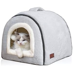 OMIVIER Cat Bed for Indoor Cats，Foldable cat cave，Anti-Slip & Water-Resistant Bottom，cat Houses for Indoor Cats or Small Dogs, Kitten Tent, Rabbit Bed，2 in 1 pet Bed (Grey)
