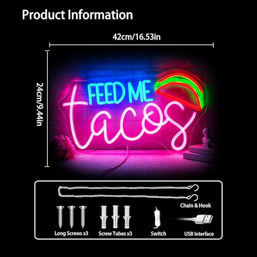 Image of Feed Me Tacos Neon Sign Led Neon Lights Neon Signs for Wall Decor Light Up Sign for Birthday Party Club Gift