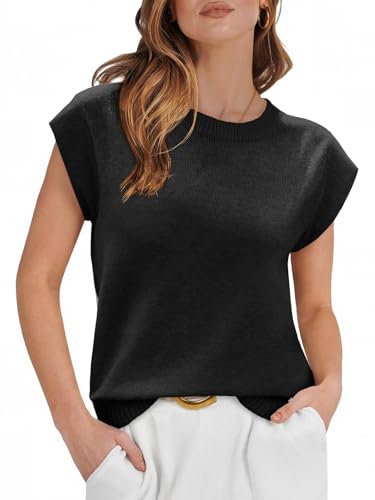 Image of Cicy Bell Womens Cap Sleeve Sweater Vest Summer Casual Sleeveless Knit Tank Tops Loose Fit Crew Neck Shirts Pullover