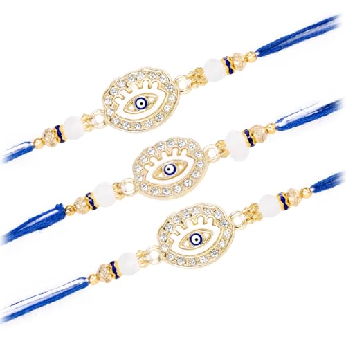 Image of Peora Evil Eye & Crystals Studded Rakhi for Brother Bhaiya | Red Thread | Raksha Bandhan Hamper with Roli Chawal Greeting Card