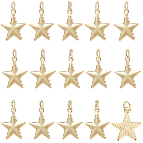 Beebeecraft 1 Box 20Pcs Star Charms Real 18K Gold Plated Five-Pointed Dangle Pentagram Charms with Jump Ring for Jewelry Making DIY Earring Necklace Bracelet