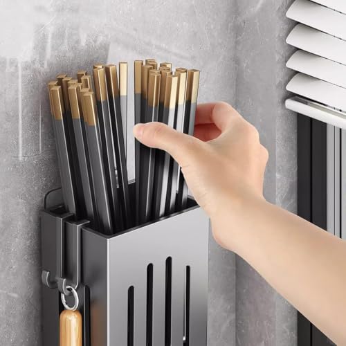 Image of KitchAntiqueWall Mounted Utensil Holder with Hooks | Self Draining Cutlery Organizer, Adhesive Installation | Waterproof Kitchen Spoon Chopstick Storage Rack for Countertop & Wall Use (1Pc, Grey)
