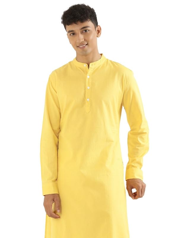 Image of SAADAA Men's Long Kurta - Linen Cotton Blend, Airy Fabric, Regular Fit, Mandarin Collar, Solid Color - Casual, Festive & Ethnic Wear