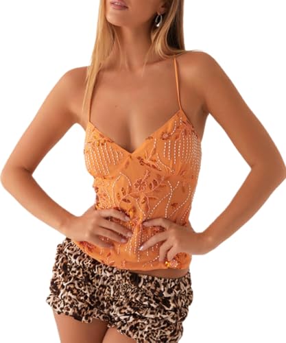 Women Sequin Cami Top Sexy Rhinestone V Neck Criss Cross Straps Open Back Camisole Tank Sparkle Y2K Crop Tops