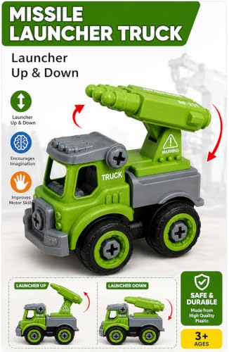 Image of TEC TAVAKKAL 4 in 1 Construction Vehicle Toys for Kids, DIY Assembly Engineering Truck Set with Screwdriver, Crane, Excavator, Missile Launcher & Fire Truck, Educational Toy (Set of 4 Vehicle Toys)