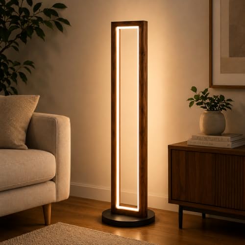 Image of LED Floor Lamp for Living Room & Bedroom, Slim Corner Standing Lamp with Pine Wood Frame & Diffuser, Warm White Ambient Light, Space Saving Modern Minimal Floor Lamp for Home Decor