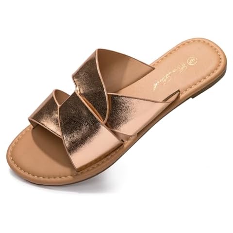 Eozlink Women's Flat Sandals Dressy Summer Band Flat Slide Sandal Slip-on Cross Strappy Crosscriss Flat Sandal Black White Gold Brown (Gold US 6) Cover