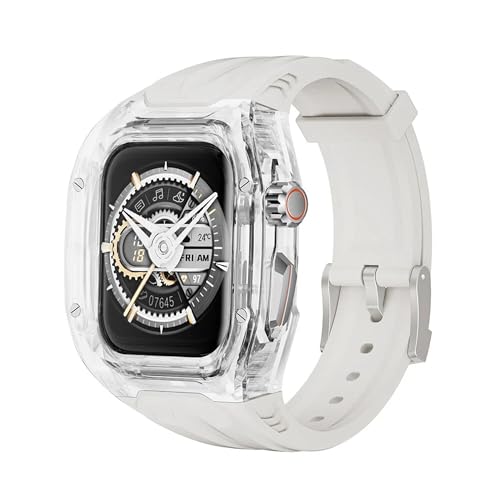 Image of AUGEN Luxury Transparent Apple Watch Modification Kit Compatible with Series 9 /8 /7 (45mm) & SE2 /6 /SE /5 /4 (44mm) | Premium Fluororubber Strap Band with Transparent Protective Case for Men & Women (Upgrade Mod Kit) (White)