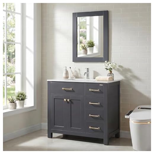 walsport 36” Grey Bathroom Vanity with Sink, Modern Wood Cabinet Basin Vessel Sink Set with Mirror, Chrome Faucet, P-Trap