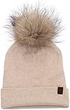 Marino's Knit Pom Beanie Winter Hat, Cashmere Blend Womens Knit Hats for Winter with Snap-On Rabbit Fur Pompom