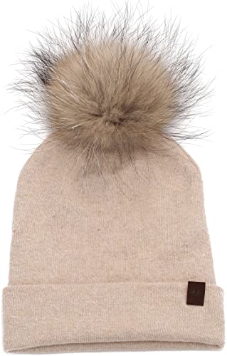Marino Slouchy Beanie Hat for Women –Warm Winter Hat- Cashmere Blend - Rabbit Fur Pompom