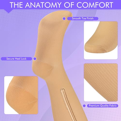 OUIVIAL Zipper Compression Socks Close Toe 2 Pairs for Women&Men 15-20mmHg Knee High Support Socks for Running Cycling