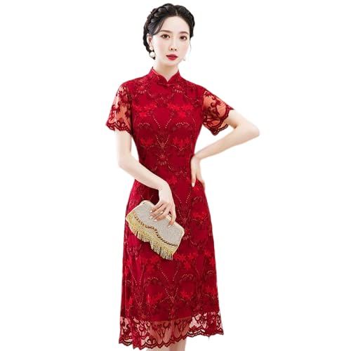 VRTTAA Chino Tradicional Qipao para Mujer - Verano Mejorado Malla Encaje Bordado con Cuentas Elegante Cheongsam De Longitud Media Estilo Chino Vestido De Novia Tradicional Qipao,Rojo,M