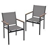 ML-Design Set di 2 Sedie da Giardino Grigio Scuro con Braccioli in Legno Naturale, Poltrone in Textilene Traspirante per Patio e Balcone, Struttura in Alluminio Resistente alle Intemperie per Esterno