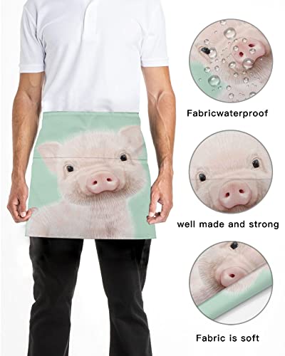 Server Apron Waitress Aprons With 3 Pockets, Cute Farm Animal Pig Oil Painting Half Waist Waiter Aprons For Women Men #TOP4