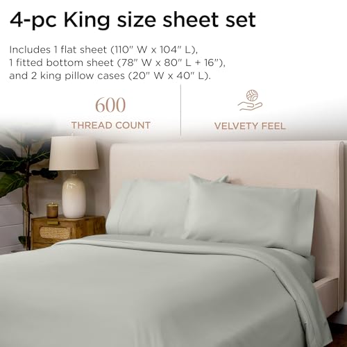 Image of Threadmill 100% Cotton Sheets for King Size Bed - 600 Thread Count King Bed Sheets Set with 16 inch Deep Pocket - Sateen Weave 4-Piece Bedding Set with Cooling Effect, Light Grey