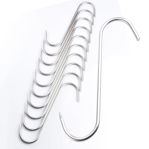 HONSHEN 10" Meat Hooks,8mm Heavy Duty S-Hooks Stainless Steel Meat Processing Butcher Hook Set of 10
