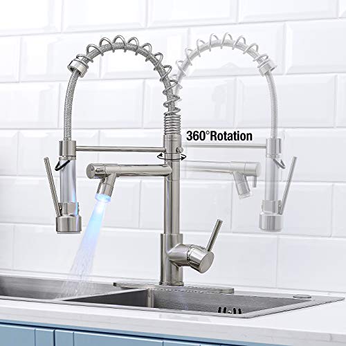 Djs Kitchen Faucet With Pull Down Sprayer, Faucet For Kitchen Sink, High Arch Stainless Steel Single Handle Spring Kitchen Faucets With Deck Plate For 1 Or 3 Holes For Sink. Djs-Cflt-2020N-Lock-Led-Dp #TOP5