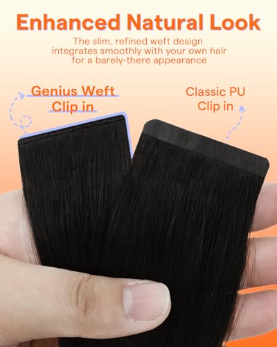 Image of Full Shine Invisible Seamless Clip in Hair Extensions, Black Human Hair