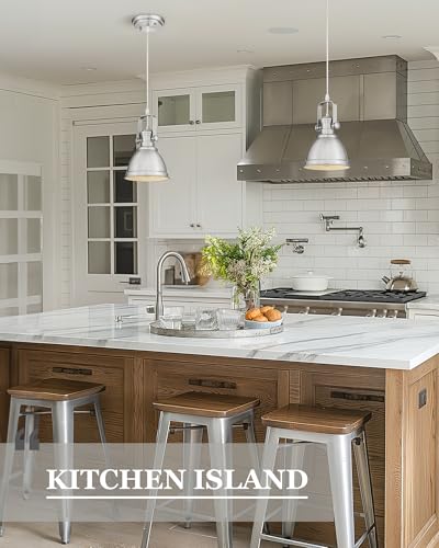 Image of 2-Pack Brushed Nickel Pendant Lights Kitchen Island, Metal Shade | 6 inch Vintage Kitchen Pendant Lighting over Island for Dining Room, Rustic Style, Adjustable Height, E26 Base, AD-2151-1P2-SN