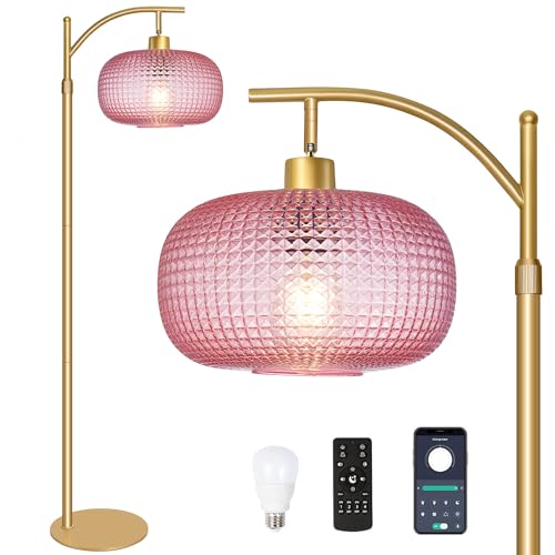 Image of Glass Floor Lamp for Living Room,Modern Standing Lamp with Pink Lamp Shade | Dimmable Gold Tall Floor Lamp for Bedroom Office with Remote Control , 1 x 12W LED Bulbs Included