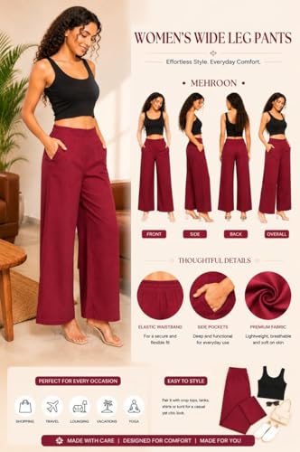 Image of Women Airy Linen Wide Leg Pants | High Waist Casual Summer Trousers | Lightweight Breathable Palazzo Pants BPWLCB01 PRT