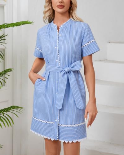 Image of Women's Summer Shirt Dress Short Sleeve Button Down Mini Tie Waist Belted Tunic with Pockets RIC Rac Trim