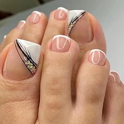 RUNRAYAY White French Tip Press On Toenail with Nail Rhinestones, Fake Toe Nails Press Ons Full Cover Artificial Foot Nails for Nail Salons and DIY Nail Art Summer 24Pcs Cover
