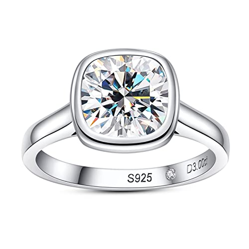 Moissanite Bezel Set Engagement Rings 3CT Round/Cushion/Heart/Oval Cut D Color VVS1 S925 Sterling Silver Wedding Promise Rings for Women with Certificate Elegant Gift Packed