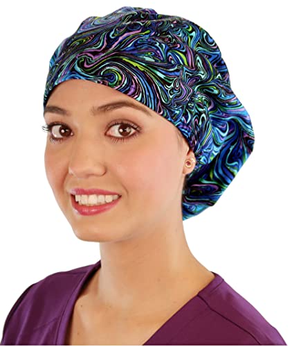 Sparkling EARTH Paintbrush Swirls Purple, Aqua & Teal Riley Medical Scrub Caps with Flat Front and Roomy Back - Adjustable Cord Lock Closure