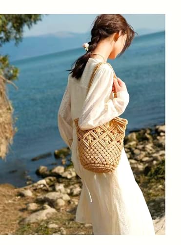 Women's Cotton Rope Summer Beach HandBag Vacation Hand- Woven Shoulder Bucket Bag2