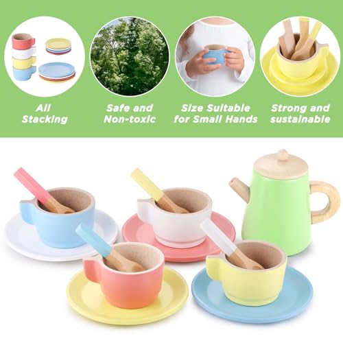Image of GAGAKU Wood Tea Set and Wooden Play Dishes 2 in 1 Play Food Set Toy 28 PCS Montessori Play Kitchen Accessories Kitchen for Toddlers Cooking Playset for 3-8 Years Girls and Boys