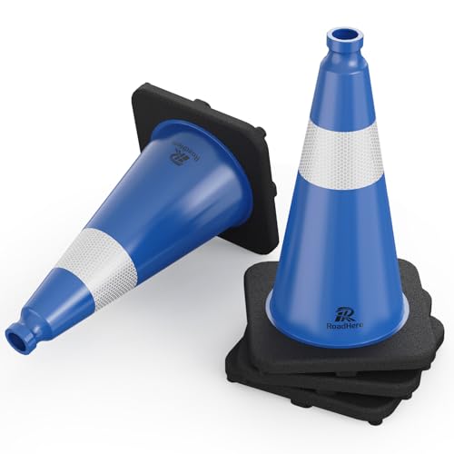 RoadHero 4 Pack Traffic Safety Cones 18 Inch with Black Weighted Base Plastic PVC Blue Traffic Cone with Reflective Collar for Parking Lot Construction Events Road Safety