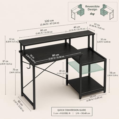 Image of Gaming Desk with Monitor Stand & Storage Shelves | Study & Computer Desk with Headphone Hook | Reversible Office for PC Setup | Black | 120x60x87 cm