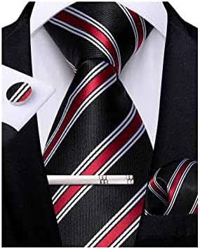 DiBanGu Mens Silk Ties Formal Red and Black Striped Necktie Tie Clip Handkerchief Cufflinks Set with Gift Box Business