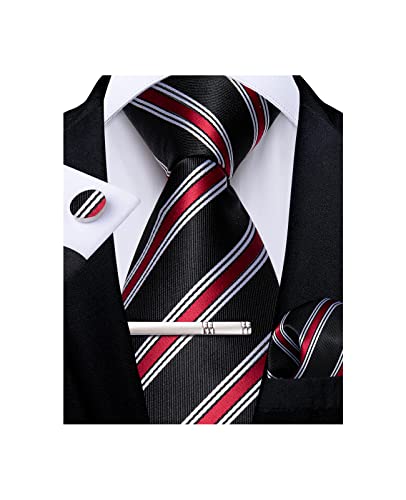 Dibangu Mens Silk Ties Formal Red And Black Striped Necktie Tie Clip Handkerchief Cufflinks Set With Gift Box Business #TOP2
