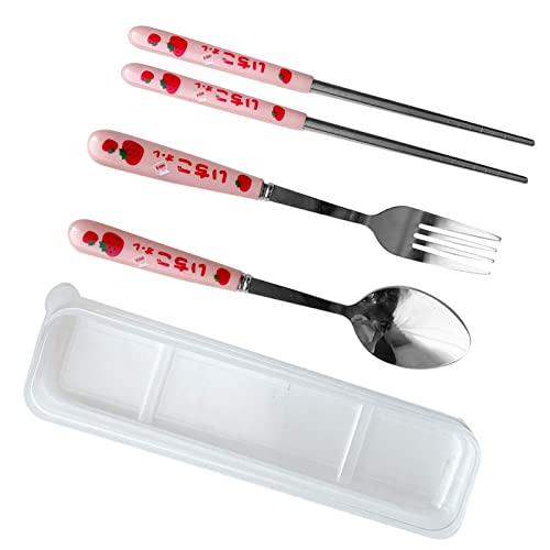 OPPWONG Juego de Cubiertos de 3 Piezas, Cuchara, Tenedor, Palillos, Vajilla de Acero Inoxidable, Juego de Utensilios con Patrón de Fresa Rosa y Caja de Almacenamiento Transparente, Ideal para el