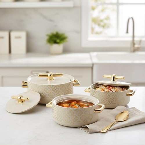 Image of CELLO Jewel NX Insulated Casserole Set of 3 Pcs (500ml, 1000ml, 1500ml) Beige | Double Wall Insulated Hot Pot Case Keeps Food Hot & Warm for Long Hours, Casserole Hot Pot Set for Roti, Chapati, Rice