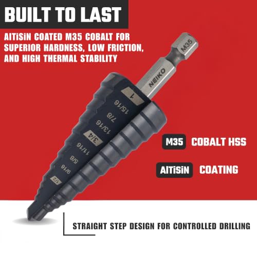 Image of NEIKO 10624B Step Drill Bit, 9 Steps 1 /2 inch to 1 inch Straight M35 Cobalt, AlTiSiN Coated, 1 /4 inch Quick Change Step Bits for Steel, Metal, Wood, Plastic, Unibit Cone Drill Bits, Two Flute