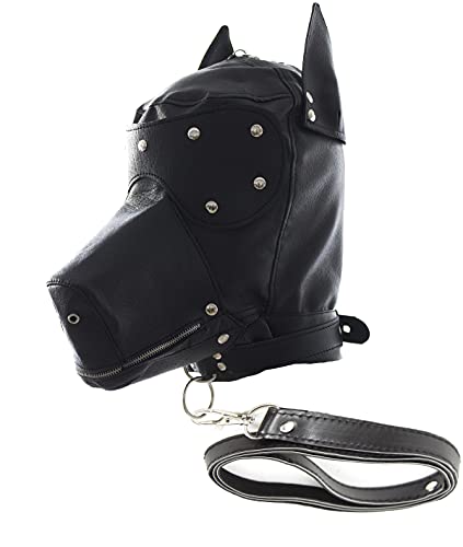 OnundOn Welpenmaske mit Traktionsgürtel Doggy Maske Halloween Lederhaube Maske für Partyspiele Maskerade (Schwarz)
