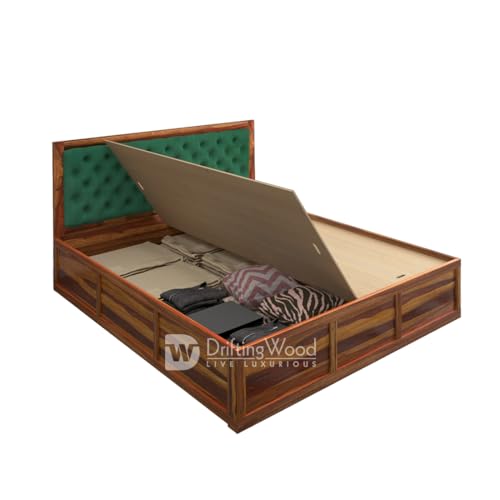Image of DRIFTINGWOOD Dolvi Solid Sheesham Wood Queen Size Bed with Storage | Wooden Double Bed Cot Bed with Box Storage & Upholstered Green Cushioned Headboard for Bedroom | Rosewood, Honey Finish
