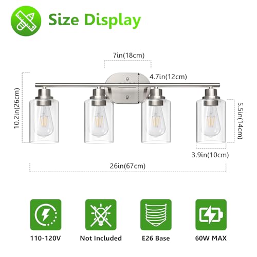 Image of Ascher 4-Light Bathroom Light Fixtures, Modern Vanity Lights with Clear Glass Shade, Brushed Nickel Wall Lamp for Bathroom Mirror Hallway Cabinet Porch