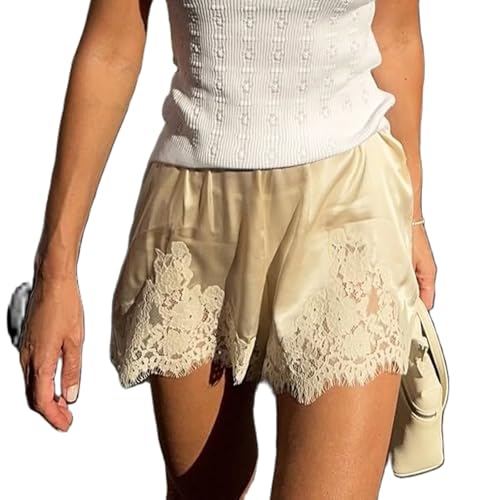Lace Trim Silk Satin Mini Micro Shorts Women Lacy Low Rise Boxer Slip Pajama Shorts Y2k Going Out Lounge Pj Bottoms Cream