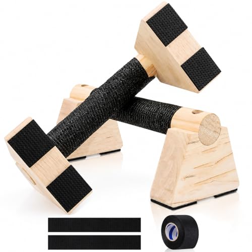 1 Pair Push Up Handles Wooden Parallettes Bars Calisthenics Equipment with Non Slip Cotton Wrap Push Up Board with Rubber Base Pads Press Up Handles for Fitness/Gym/Home Workout(25cm)