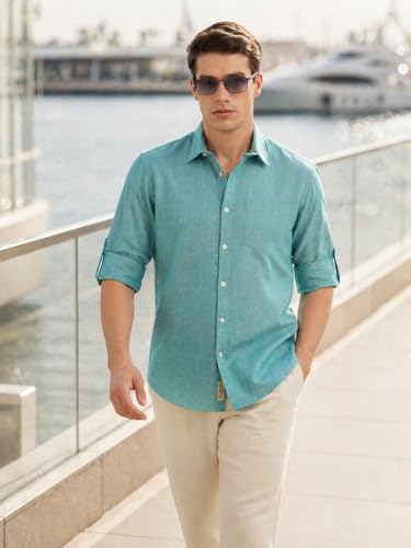 Image of Thomas Scott Men's | Solid | Premium Linen Blend | Spread Collar | Summer Wear | Long Sleeve | Shirts for Men