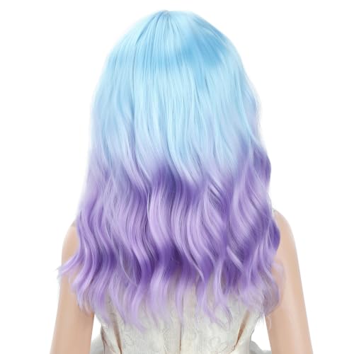 Image of PATTNIUM Girls Blue Ombre Purple Wig with Bangs Kids Short Wavy Curly Wig Blue and Purple Bob Wigs Synthetic Halloween Costume Cosplay Party Wigs