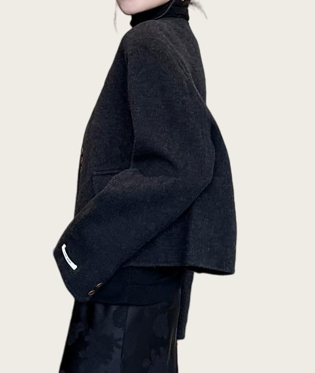 Women's 100% Wool Double-Sided Short Pea Coat - Collarless, Solid Colors2