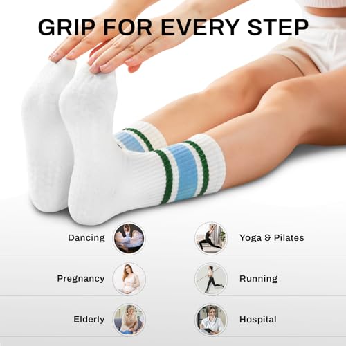 Image of Pilates Socks for Women Non Slip, Cotton Crew Grippy Yoga Socks with Grips for Maternity Hospital Workout, 3 Pairs
